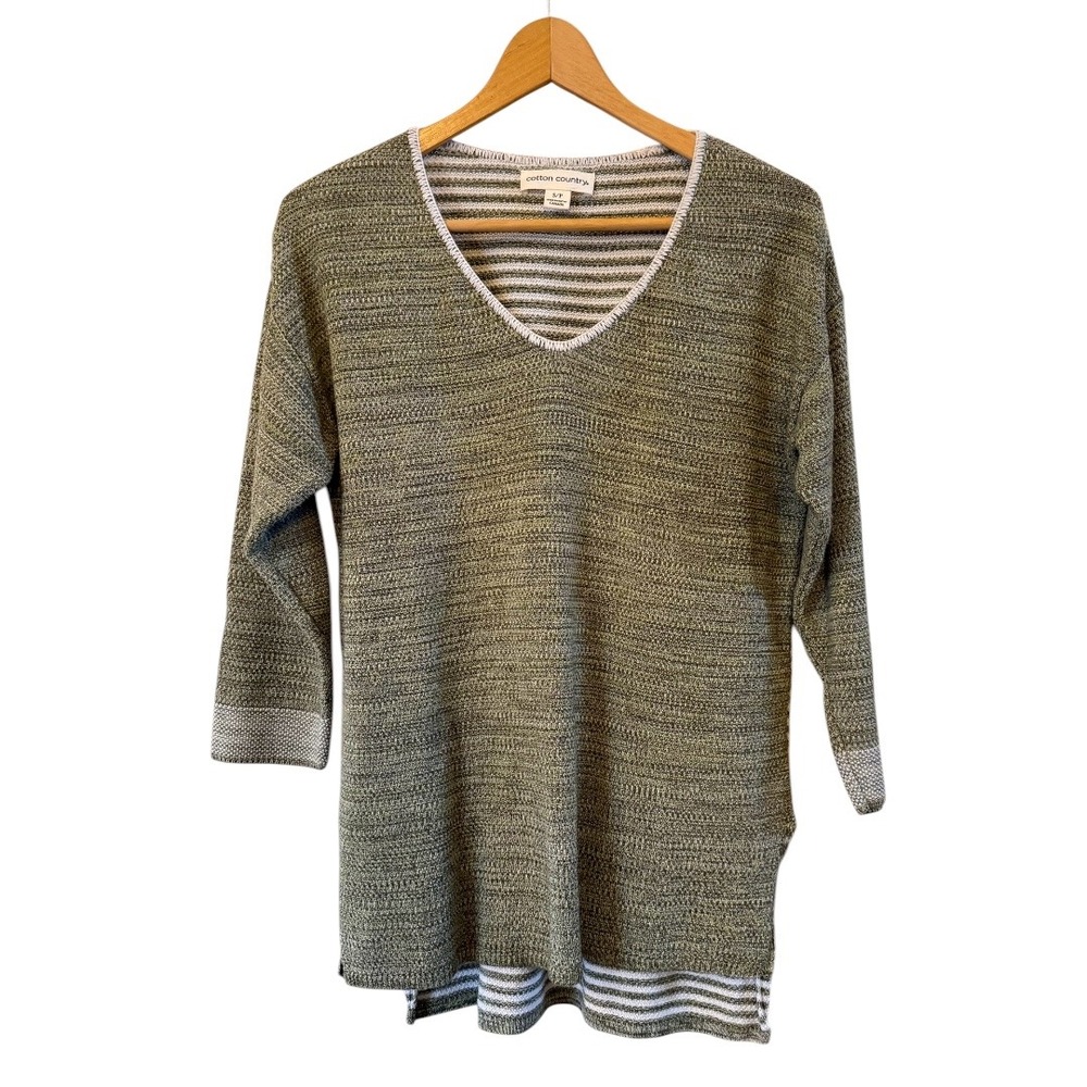 Cotton Country Canada Wmns Olive Green/White Knit V-Neck 3/4 Sleeve Sweater S